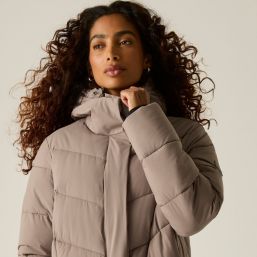 Regatta Eloria Womens Hooded Long Quilted Coat Mocha - 4S8 Size 20