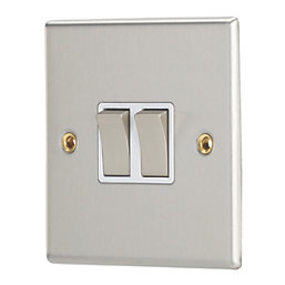 Contactum iConic 10AX 2-Gang 2-Way Light Switch  Brushed Steel with White Inserts
