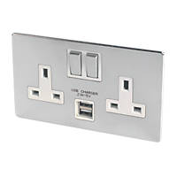 LAP  13A 2-Gang DP Switched Socket + 2.1A 2-Outlet Type A USB Charger Brushed Chrome with White Inserts