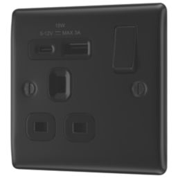 British General Nexus Metal 13A 1-Gang SP Switched Socket + 3A 18W 2-Outlet Type A & C USB Charger Matt Black with Black Inserts