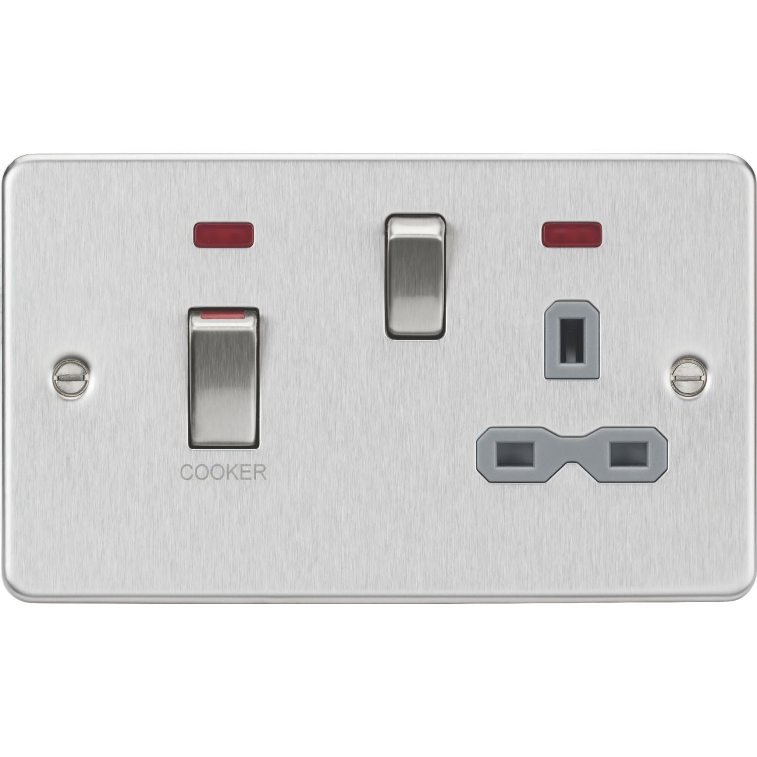 Knightsbridge 45A 2-Gang DP Cooker Switch & 13A DP Switched Socket Brushed Chrome with LED with Colour-Matched Inserts (613VR)