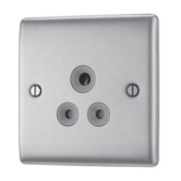 British General Nexus Metal 5A 1-Gang Unswitched Round Pin Socket Brushed Steel with Graphite Inserts
