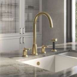 ETAL Cuthbert  Dual Lever 4-Hole Kitchen Tap with Rinse Brushed Brass