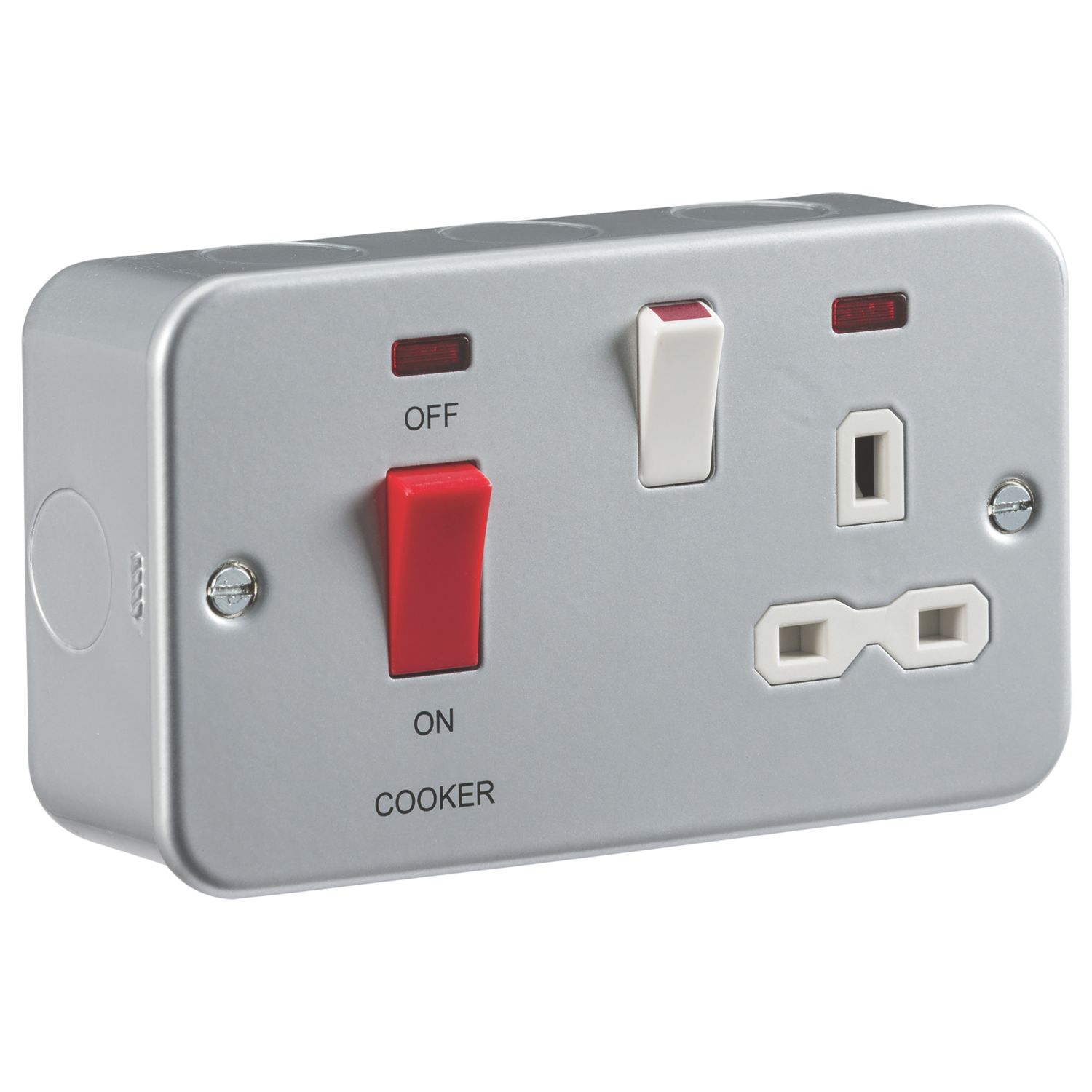Knightsbridge 45A 2-Gang DP Metal Clad Cooker Switch & 13A DP Switched Socket with LED with White Inserts (616VF)