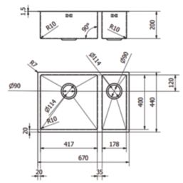 ETAL Elite 1.5 Bowl Stainless Steel Kitchen Sink Gun Metal Left-Handed 670mm x 440mm