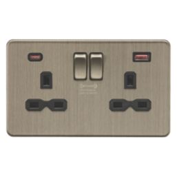 Knightsbridge  13A 2-Gang DP Switched Socket + 2.25A 45W 2-Outlet Type A & C USB Charger Antique Brass with Black Inserts