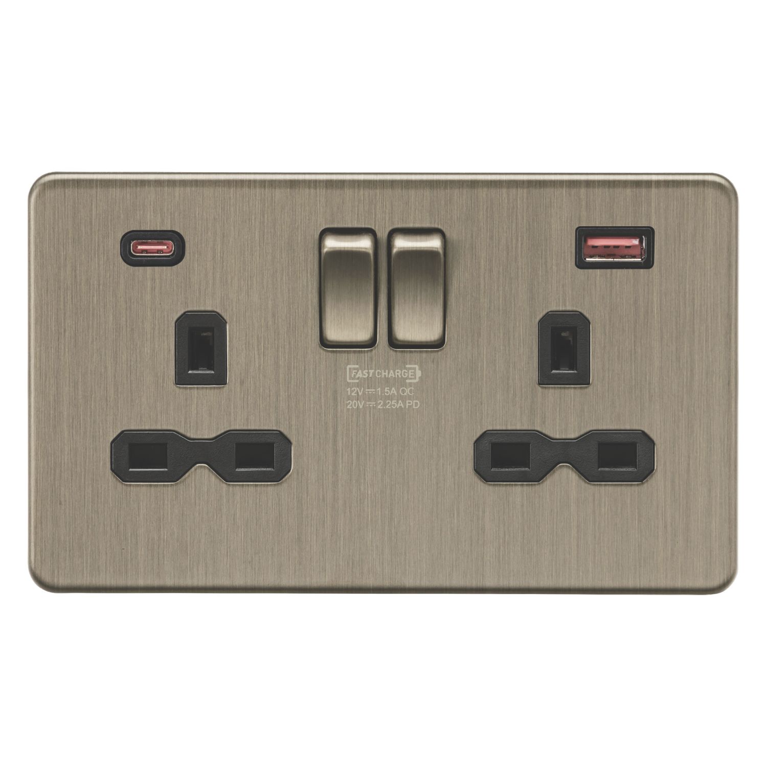 Knightsbridge 13A 2-Gang DP Switched Socket + 2.25A 45W 2-Outlet Type A & C USB Charger Antique Brass with Black Inserts (618CR)