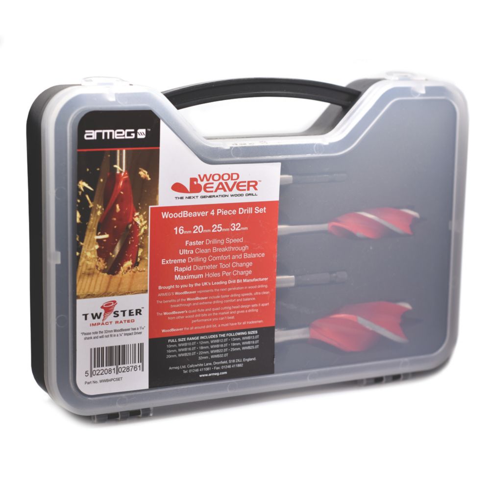 Armeg Wood Beaver Hex Shank 4-Flute Auger Wood Drill Bit Set 4