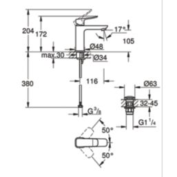 Grohe Dice Chrome 204mm Standard Lever Mono Basin Mixer Tap  With Clicker Waste