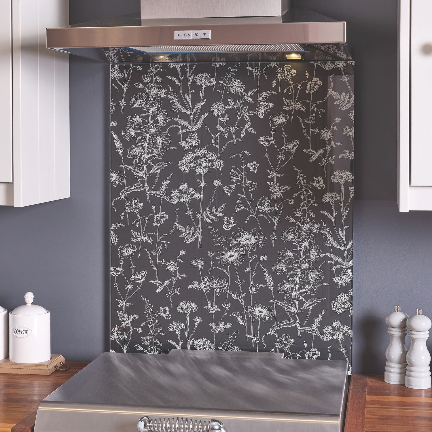 Laura Ashley Lisette Metallic Charcoal Kitchen Splashback 600mm x 750mm x 6mm (619JM)