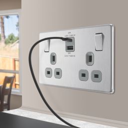 LAP  13A 2-Gang SP Switched Socket + 3A 45W 2-Outlet Type A & C USB Charger Brushed Steel with Grey Inserts