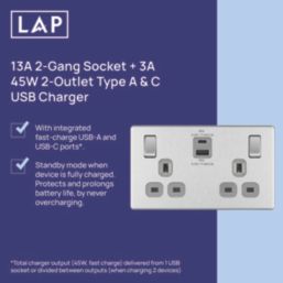 LAP  13A 2-Gang SP Switched Socket + 3A 45W 2-Outlet Type A & C USB Charger Brushed Steel with Grey Inserts
