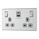 LAP  13A 2-Gang SP Switched Socket + 3A 45W 2-Outlet Type A & C USB Charger Brushed Steel with Grey Inserts