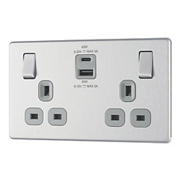 LAP  13A 2-Gang SP Switched Socket + 3A 45W 2-Outlet Type A & C USB Charger Brushed Steel with Grey Inserts