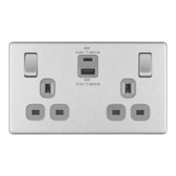 LAP  13A 2-Gang SP Switched Socket + 3A 45W 2-Outlet Type A & C USB Charger Brushed Steel with Grey Inserts