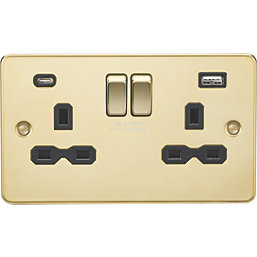 Knightsbridge  13A 2-Gang SP Switched Socket + 4.0A 20W 2-Outlet Type A & C USB Charger Polished Brass with Black Inserts
