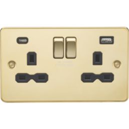 Knightsbridge  13A 2-Gang SP Switched Socket + 4.0A 20W 2-Outlet Type A & C USB Charger Polished Brass with Black Inserts