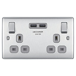 British General Nexus Metal 13A 2-Gang SP Switched Socket + 3.1A 2-Outlet Type A USB Charger Brushed Steel with Graphite Inserts