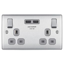 British General Nexus Metal 13A 2-Gang SP Switched Socket + 3.1A 15.5W 2-Outlet Type A USB Charger Brushed Steel with Graphite Inserts