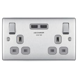 British General Nexus Metal 13A 2-Gang SP Switched Socket + 3.1A 15.5W 2-Outlet Type A USB Charger Brushed Steel with Graphite Inserts