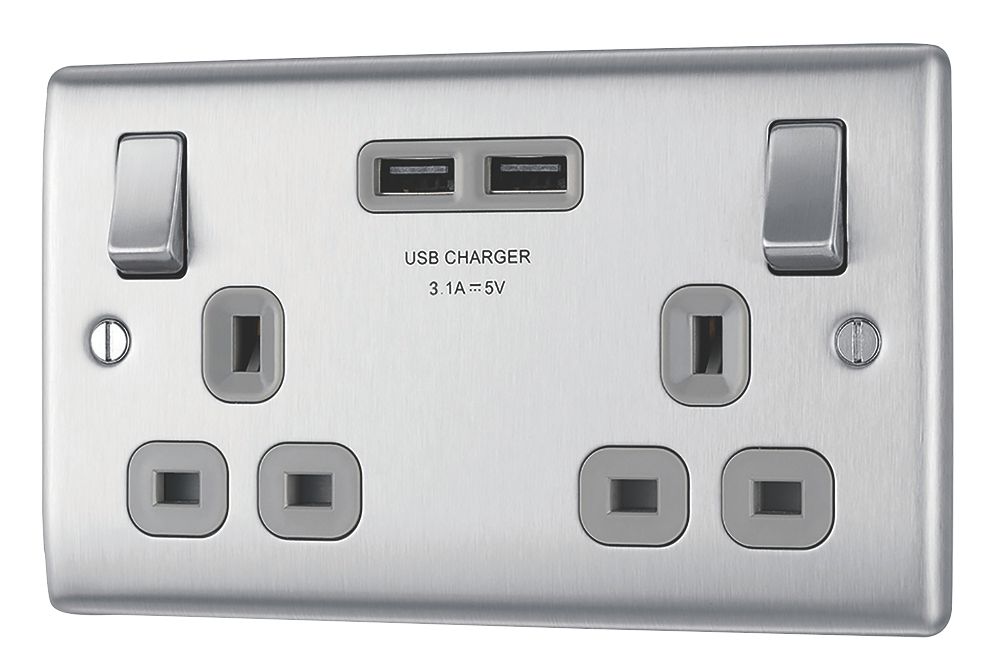 British General Nexus Metal 13A 2-Gang SP Switched Socket + 3.1A 15.5W 2-Outlet Type A USB Charger Brushed Steel with Graphite Inserts