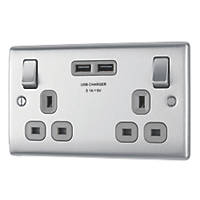 British General Nexus Metal 13A 2-Gang SP Switched Socket + 3.1A 2-Outlet Type A USB Charger Brushed Steel with Graphite Inserts