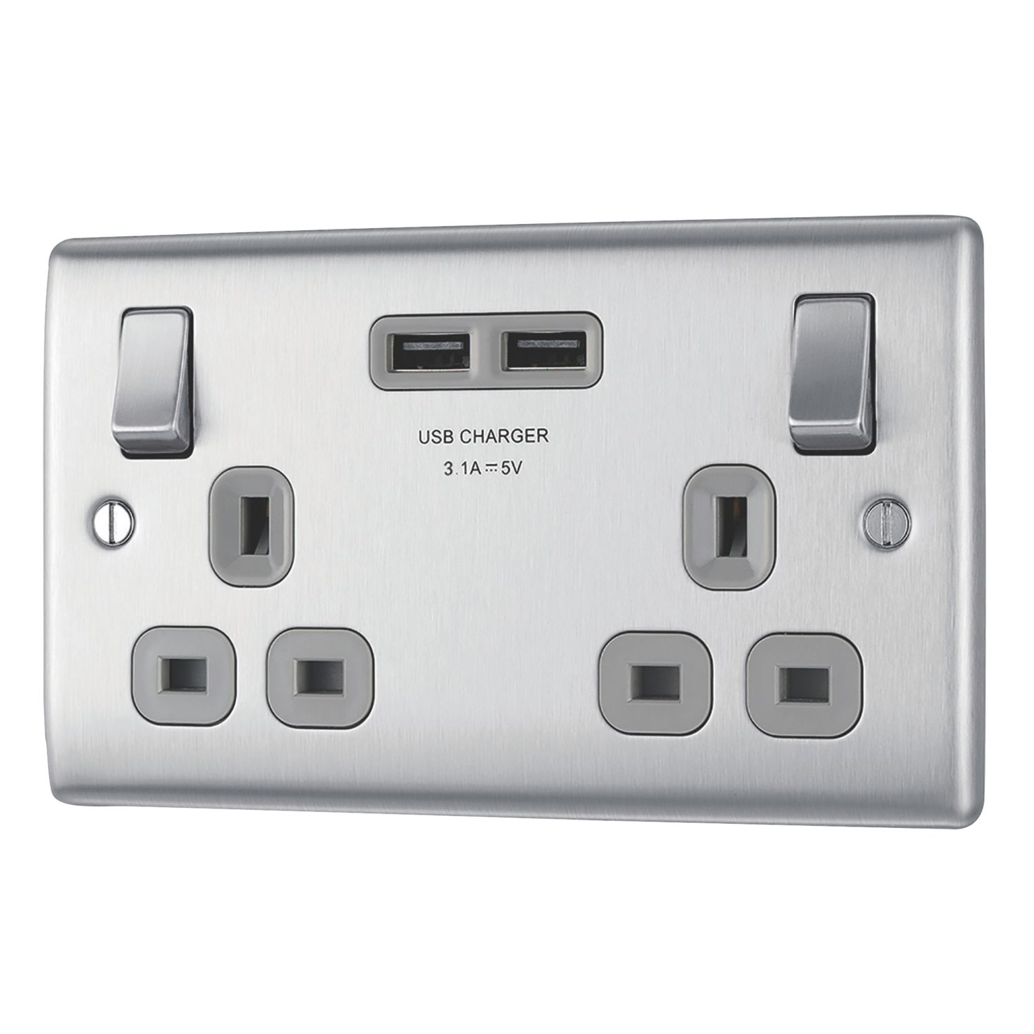 British General Nexus Metal 13A 2-Gang SP Switched Socket + 3.1A 15.5W 2-Outlet Type A USB Charger Brushed Steel with Graphite Inserts (6218R)