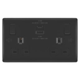 British General Nexus Metal 13A 2-Gang SP Switched Socket + 2.4A 22W 2-Outlet Type A & C USB Charger Matt Black with Black Inserts