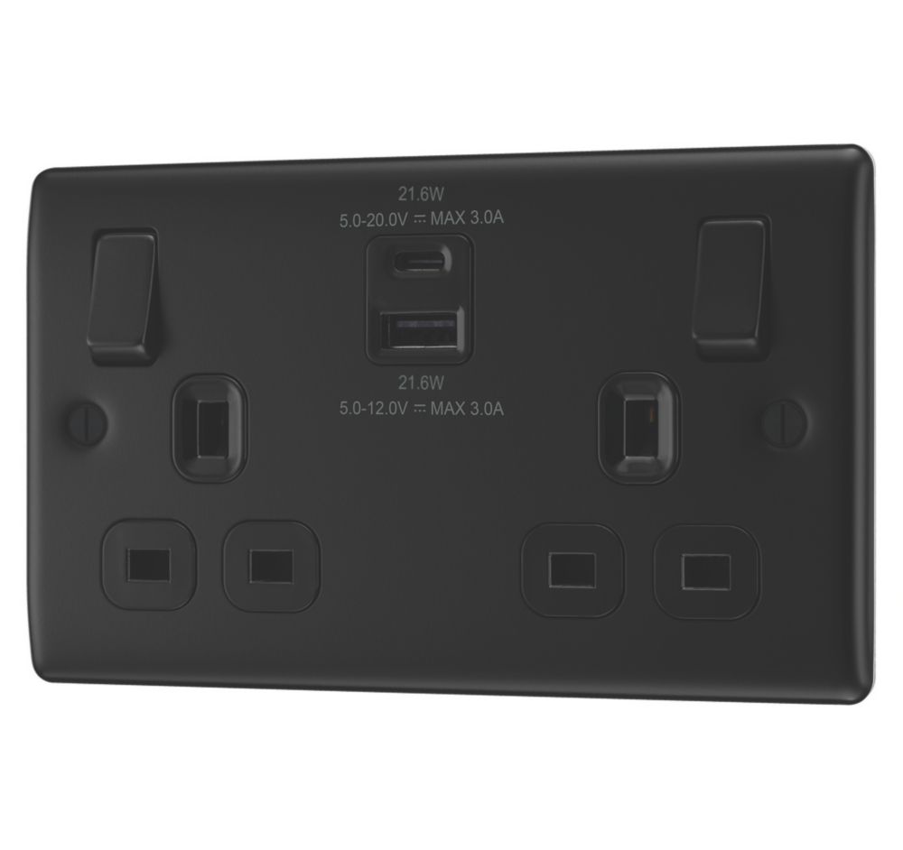 British General Nexus Metal 13A 2-Gang SP Switched Socket + 2.4A 22W 2-Outlet Type A & C USB Charger Matt Black with Black Inserts