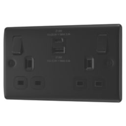 British General Nexus Metal 13A 2-Gang SP Switched Socket + 2.4A 22W 2-Outlet Type A & C USB Charger Matt Black with Black Inserts
