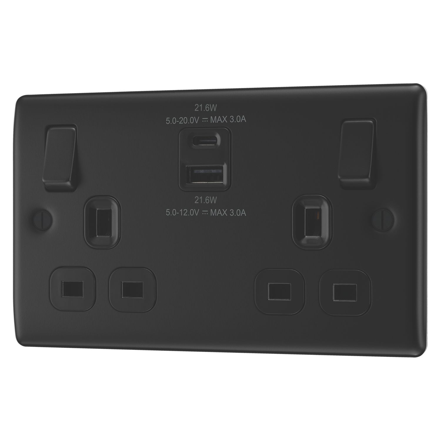 British General Nexus Metal 13A 2-Gang SP Switched Socket + 2.4A 22W 2-Outlet Type A & C USB Charger Matt Black with Black Inserts (621PM)