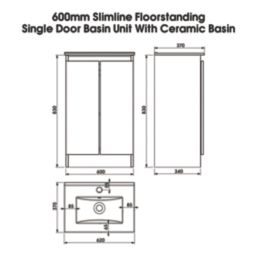 Newland  Double Door Floor Standing Vanity Unit with Basin Gloss White 600mm x 370mm x 840mm