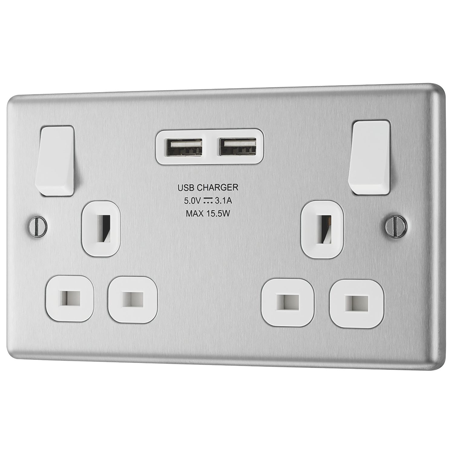 LAP 13A 2-Gang SP Switched Socket + 3.1A 15.5W 2-Outlet Type A USB Charger Brushed Stainless Steel with White Inserts (6222P)