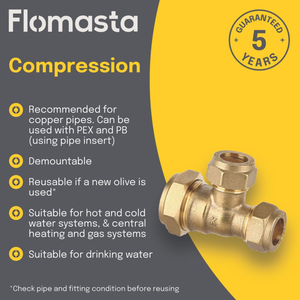 Flomasta Brass Compression Reducing Tee 22mm x 15mm x 15mm - Screwfix