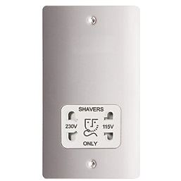 LAP  2-Gang Dual Voltage Shaver Socket 115 / 230V Brushed Stainless Steel with White Inserts