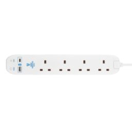 Masterplug 13A 4-Gang Unswitched Surge-Protected Extension Lead + 2.1A 2-Outlet Type A & C USB Charger White 2m
