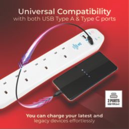 Masterplug 13A 4-Gang Unswitched Surge-Protected Extension Lead + 2.1A 2-Outlet Type A & C USB Charger White 2m