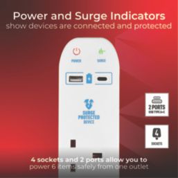 Masterplug 13A 4-Gang Unswitched Surge-Protected Extension Lead + 2.1A 2-Outlet Type A & C USB Charger White 2m
