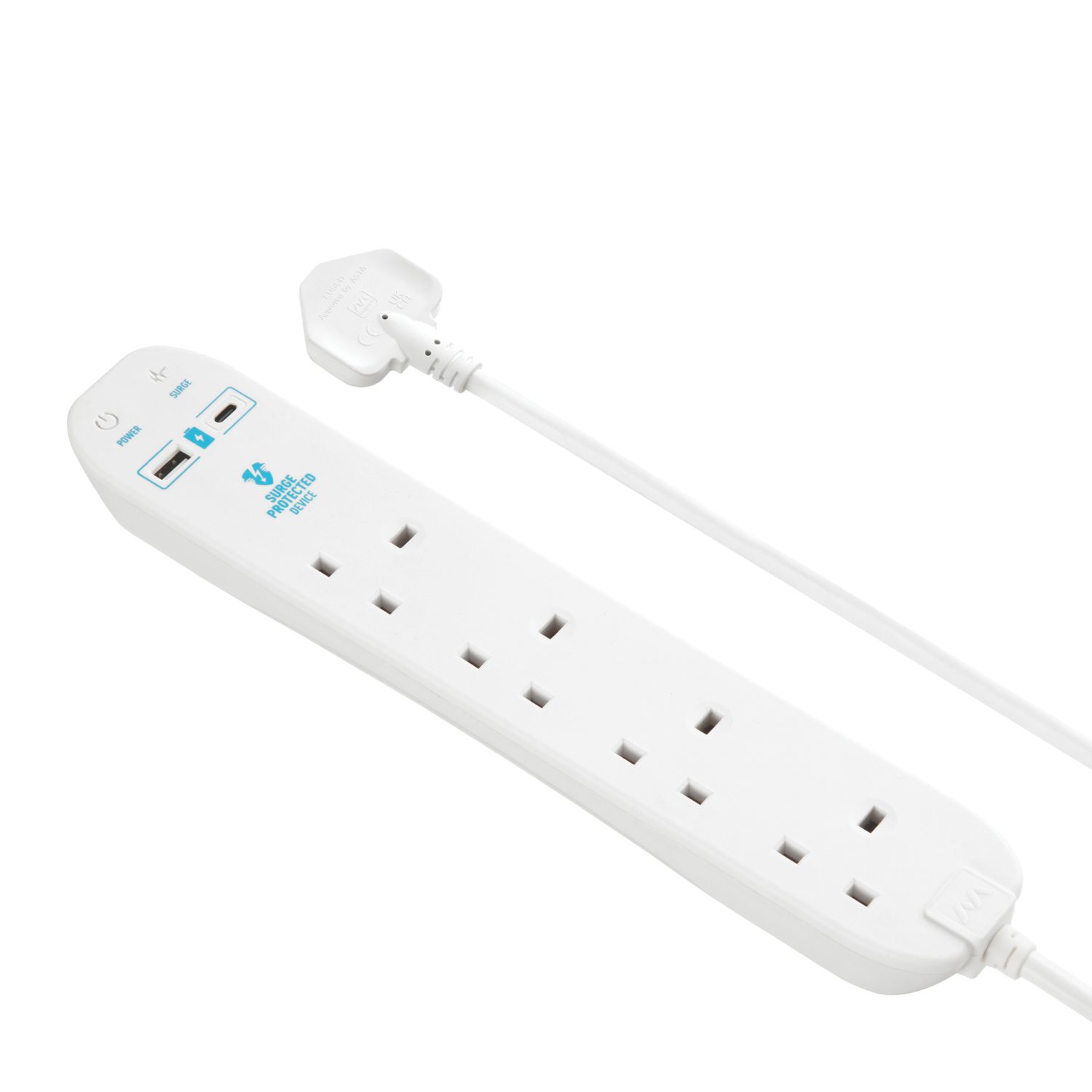 Masterplug 13A 4-Gang Unswitched Surge-Protected Extension Lead + 2.1A 2-Outlet Type A & C USB Charger White 2m (623CH)