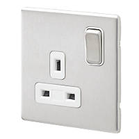 MK Aspect 13A 1-Gang DP Switched Plug Socket Brushed Stainless Steel  with White Inserts