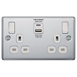 LAP  13A 2-Gang SP Switched Socket + 4.2A 2-Outlet Type A & C USB Charger Polished Chrome with White Inserts
