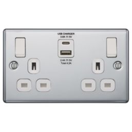 LAP  13A 2-Gang SP Switched Socket + 4.2A 15W 2-Outlet Type A & C USB Charger Polished Chrome with White Inserts