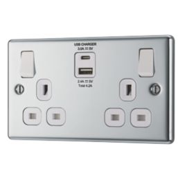 LAP  13A 2-Gang SP Switched Socket + 4.2A 15W 2-Outlet Type A & C USB Charger Polished Chrome with White Inserts