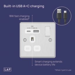 LAP  13A 1-Gang SP Switched Socket + 3A 18W 2-Outlet Type A & C USB Charger Brushed Steel with Black Inserts