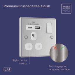 LAP  13A 1-Gang SP Switched Socket + 3A 18W 2-Outlet Type A & C USB Charger Brushed Steel with Black Inserts