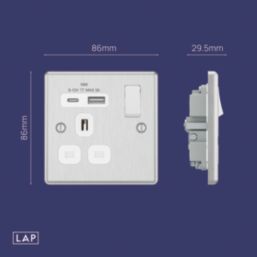 LAP  13A 1-Gang SP Switched Socket + 3A 18W 2-Outlet Type A & C USB Charger Brushed Steel with Black Inserts