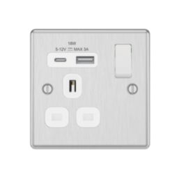 LAP  13A 1-Gang SP Switched Socket + 3A 18W 2-Outlet Type A & C USB Charger Brushed Steel with Black Inserts