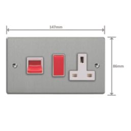 Varilight  45A 2-Gang 2-Pole Cooker Switch & 13A DP Switched Socket Brushed Steel  with White Inserts