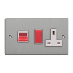Varilight  45A 2-Gang 2-Pole Cooker Switch & 13A DP Switched Socket Brushed Steel  with White Inserts