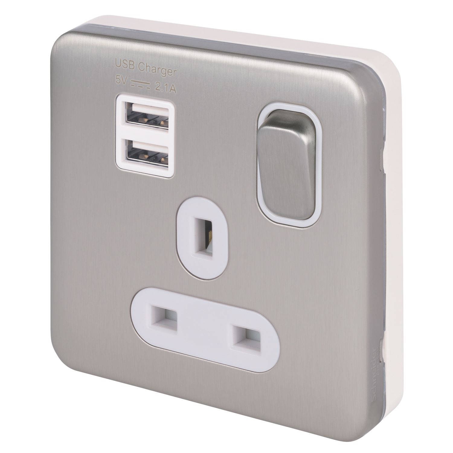 Schneider Electric Lisse Deco 13A 1-Gang SP Switched Socket + 2.1A 10.5W 2-Outlet Type A USB Charger Brushed Stainless Steel with White Inserts (6...